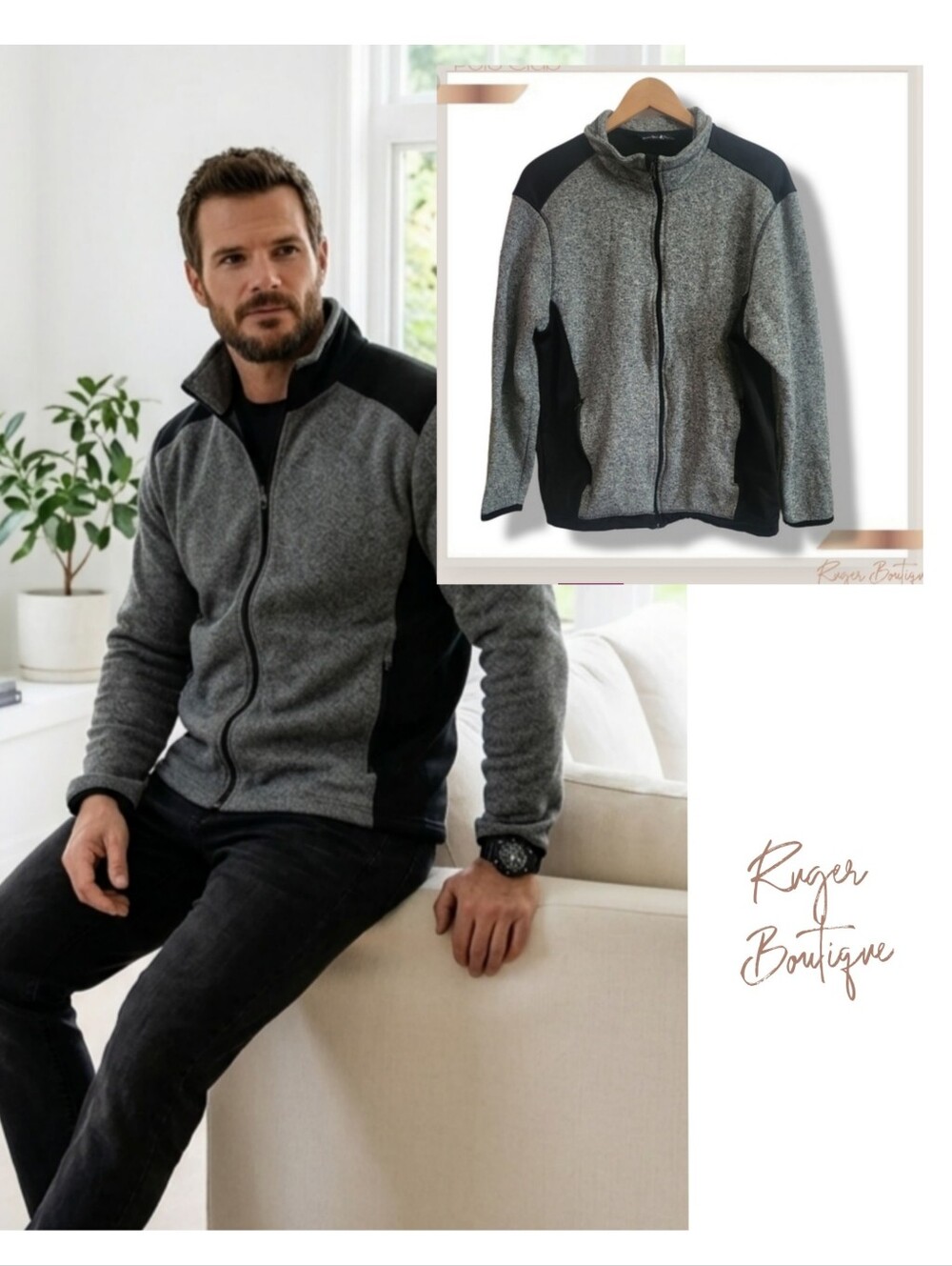 🌿Beverly Hills Polo Club Mens Large Gray Black Full Zip Jacket